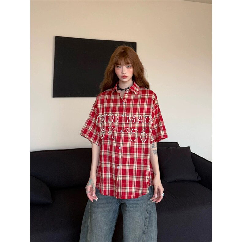 网图有货 美式复古珍珠短袖格子衬衫男女宽松情侣衬衣 A601-P45图片