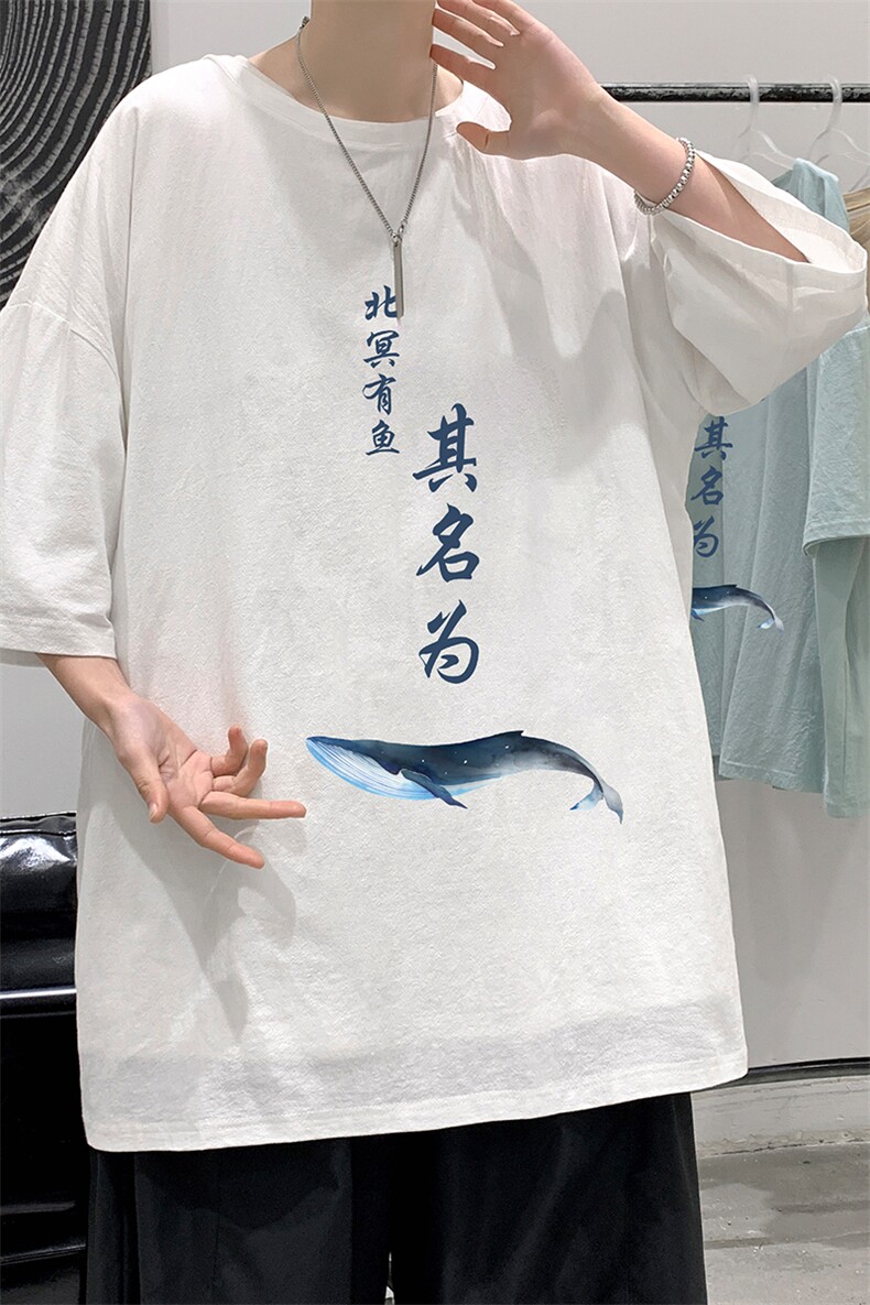 YT26261-P30亚麻短袖t恤男大码五分袖男宽松七分袖港风模特,男装T恤,电商A040