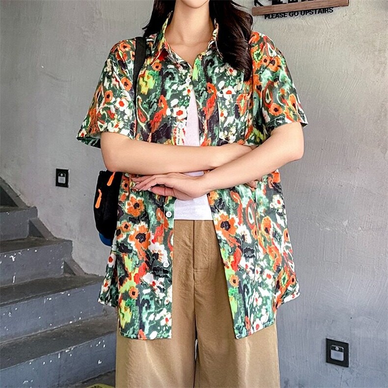 2025新款短袖花衬衫女日系复古港味风夏威夷夏季衬衣CS125/P30,女装衬衫,星座506