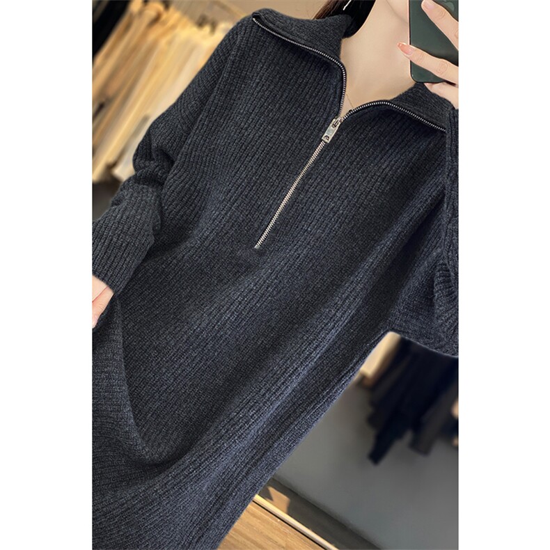 中长款100%纯羊毛衫女半开拉链加厚长袖毛衣宽松羊绒衫针织打底衫,女装连衣裙,若菲羊绒