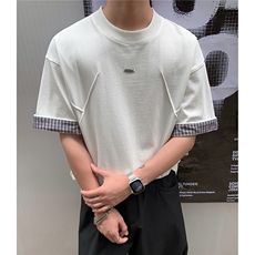美式格子翻边设计感短袖双层撞色圆领T恤衫男D425特P35，男装T恤，电商A335-1（原A458）