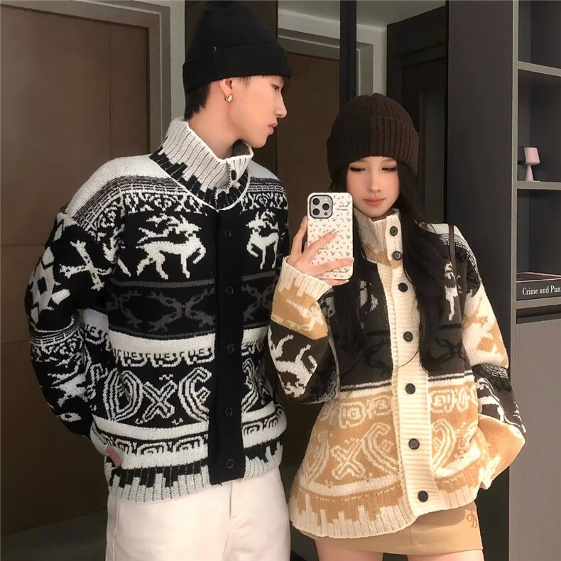 网图费尔岛花纹法式提花针织开衫情侣毛衣外套A025-FM17609-P60,男装针织衫/毛衣,电商A025