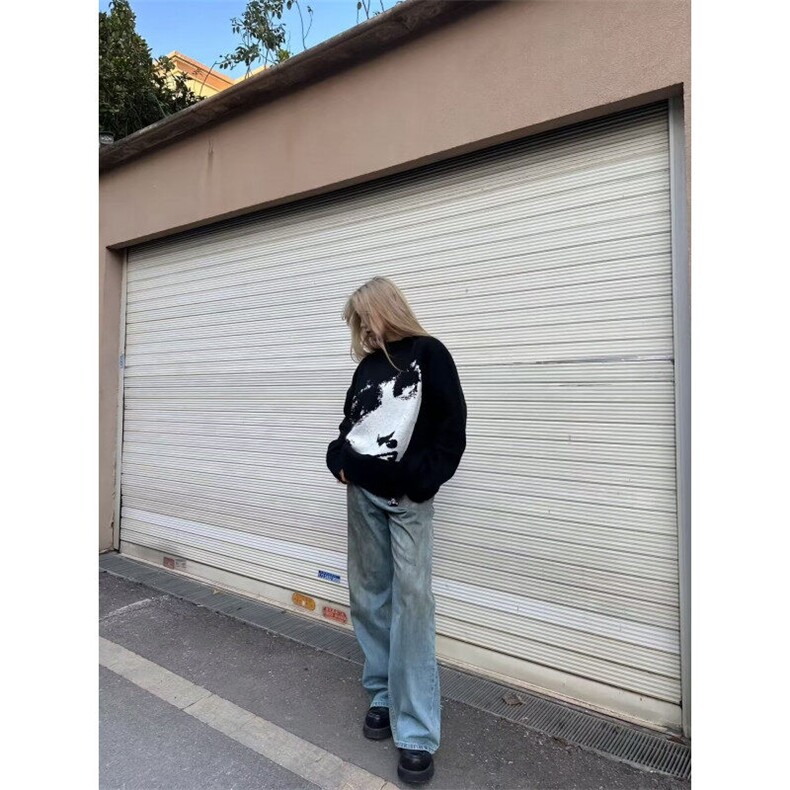 小众设计感cleanfit针织上衣韩版男女慵懒垂感黑色毛衣L52133-P58,男装针织衫/毛衣,星座1008