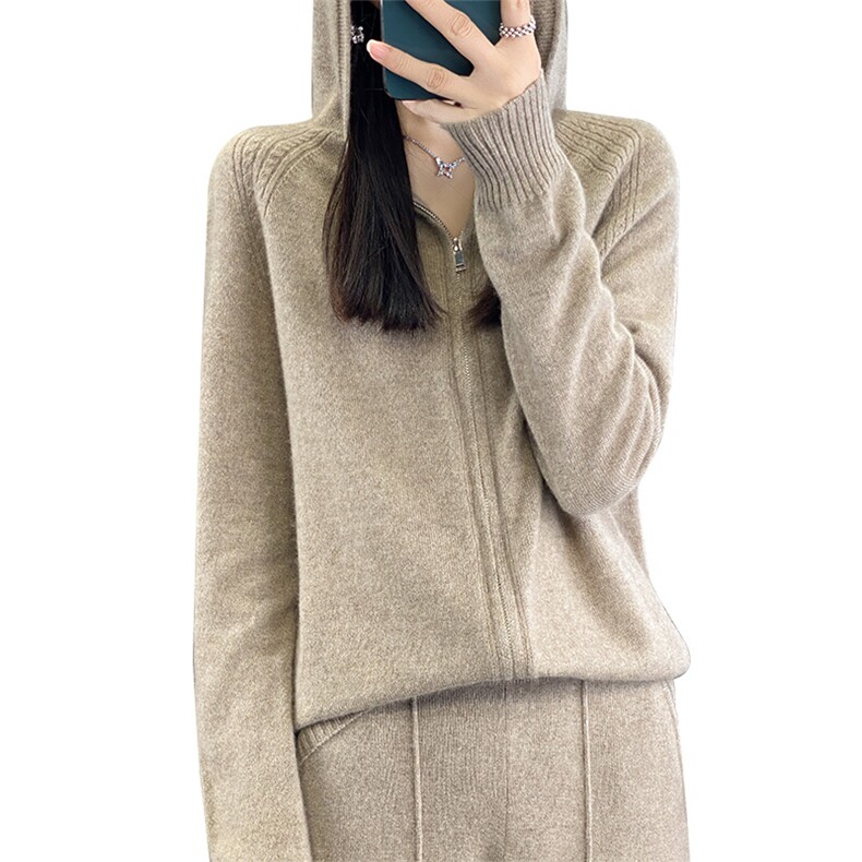 时尚慵懒风秋冬保暖百搭拉链连帽羊毛开衫女,女装羊毛衫,瑞上羊绒