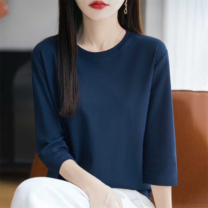 夏季新款七分袖女圆领纯棉t恤宽松百搭薄款内搭半袖打底衫上衣图片