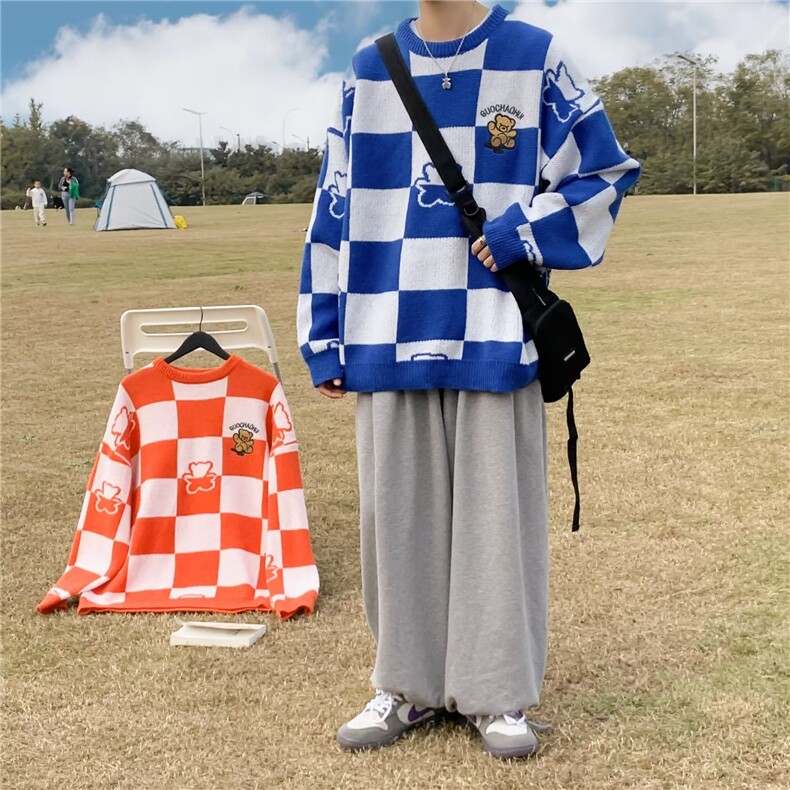 针织衫男韩版潮流拼色格子刺绣2023冬季新款ins宽松毛衣MZ198-P41,男装针织衫/毛衣,星座412-3