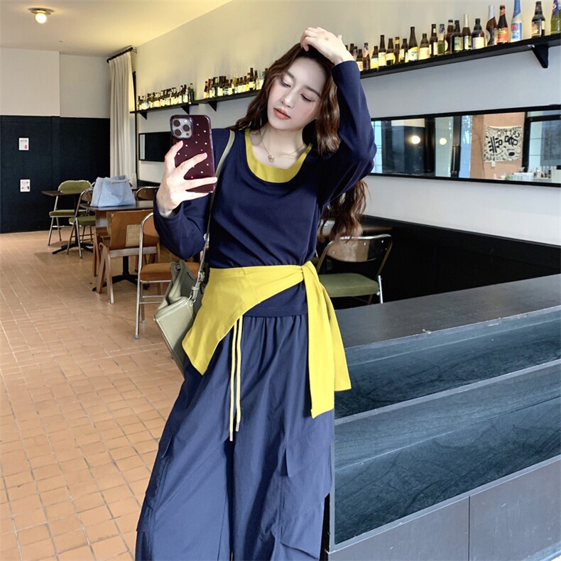 休闲减龄穿搭藏蓝色T恤套装女春秋超火好看高级感工装长裤两件套,女装套装/套裙,2C129