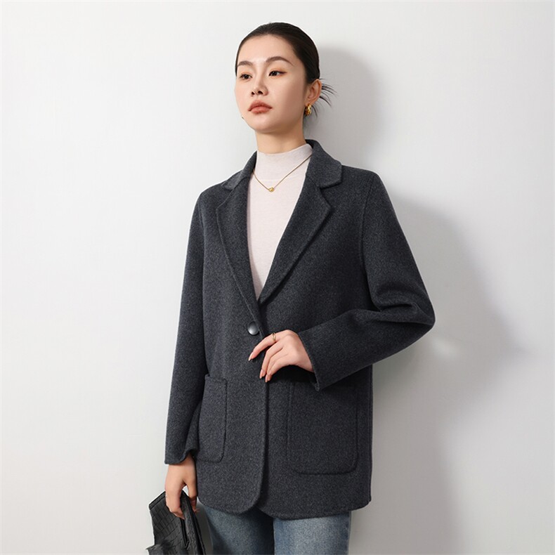 时尚百搭羊毛女士双面呢外套显瘦修身秋冬季新款大衣,女装双面呢大衣,岳达羊绒