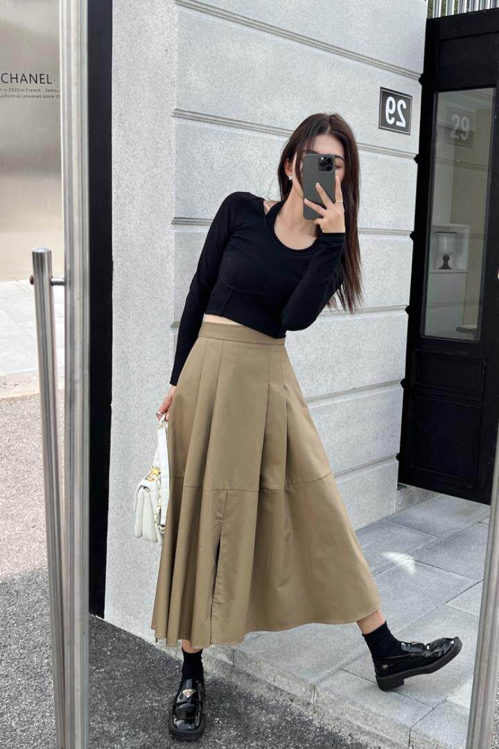 赫本风压绉前面开叉半裙，女装半身裙，昕叶良品