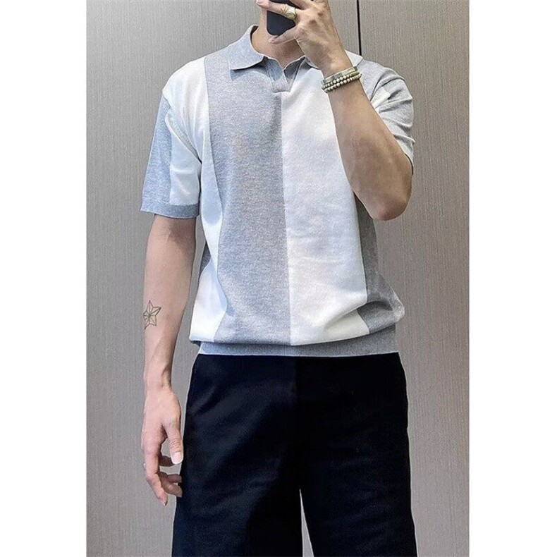 夏季新款男装潮牌时尚拼色设计感短袖polo衫上衣男气质T3913,男装T恤,星座1116A（原606A-3）