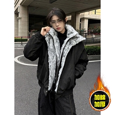 现货高品质美式高街重磅狼王座山雕毛毛领假两件棉衣加厚棉服外套，男装棉衣，电商A486-1
