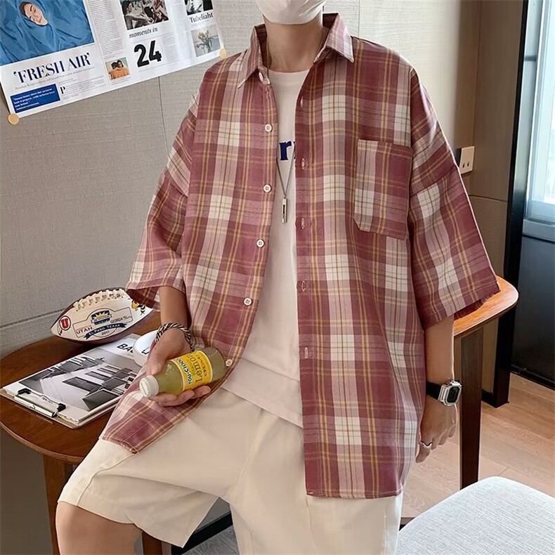 格子短袖衬衫男士夏季薄款宽松休闲轻熟潮牌M330-P30,男装衬衫,星座1109-3