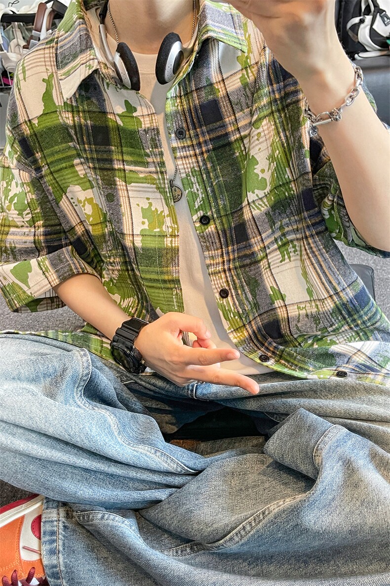 美式扎染格子衬衫短袖男女同款夏季衬衣半袖外套DC2240-特价P25,男装T恤,电商A007