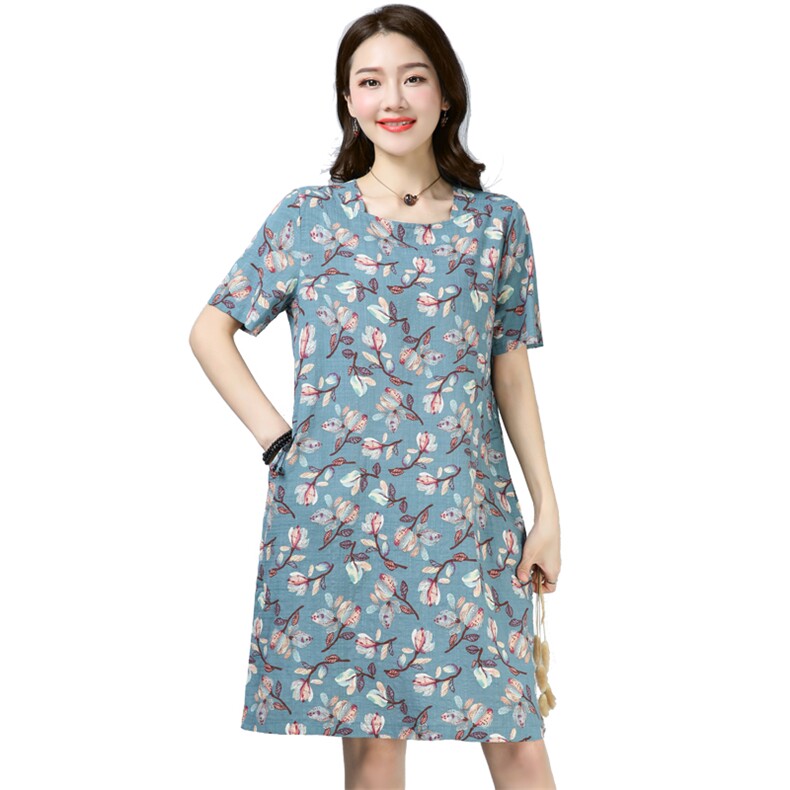 连衣裙花色宽松腰套头件A字裙2021年夏季短袖中长款口袋印花,女装连衣裙,独衣靓