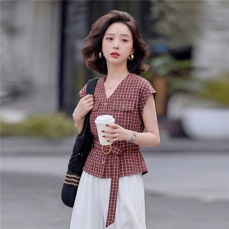 2026年夏季优雅风格子收腰短袖上衣白色阔腿裤两件套女,女装套装/套裙,微微衣阁