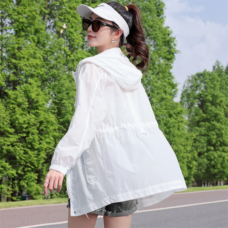 轻薄透气防晒衣女2024夏新款抽绳收腰中长款休闲户外防晒服薄外套,女装防晒衣,依万里