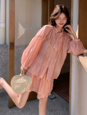 橘粉色轻薄系带衬衫套装裙女2025夏季新款别致漂亮半身裙两件套潮，女装套装/套裙，浙宝305