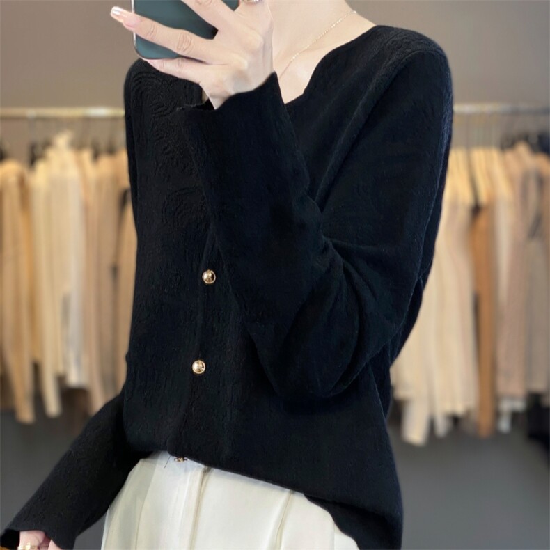 气质小香风波浪领蕾丝薄款针织开衫女春秋宽松薄款浮雕羊毛衫,针织衫/毛衣,雪真羊绒