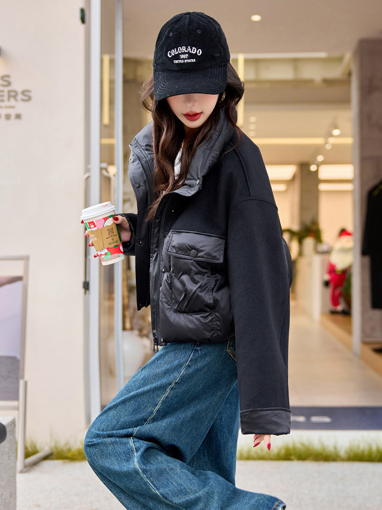 立领毛呢拼接白鸭绒羽绒服女2025冬季时尚短外套大翻领,女装羽绒服,梦懿尔