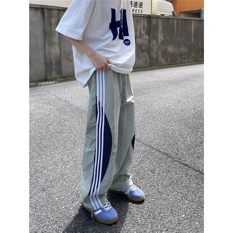 现货~多巴胺速干休闲裤三条杠撞色伞兵裤4XZ502-K748-P55控79,男装休闲裤,星座502