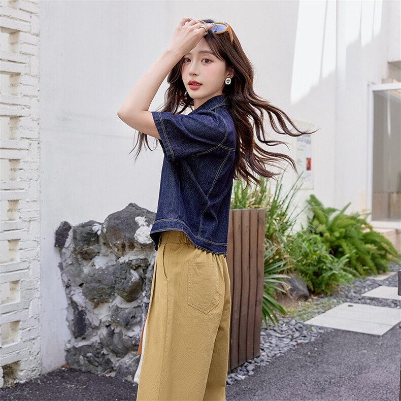 时尚牛仔套装女2025夏季淡人条纹洋气减龄小个子工装阔腿裤三件套,女装套装/套裙,铭街依杨