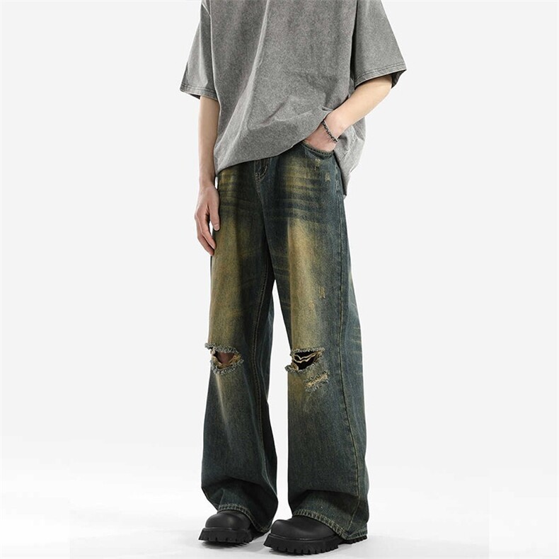 破洞牛仔裤男2025夏季新款美式高街做旧宽松直筒裤YA330-P43，男装牛仔裤，星座208-5