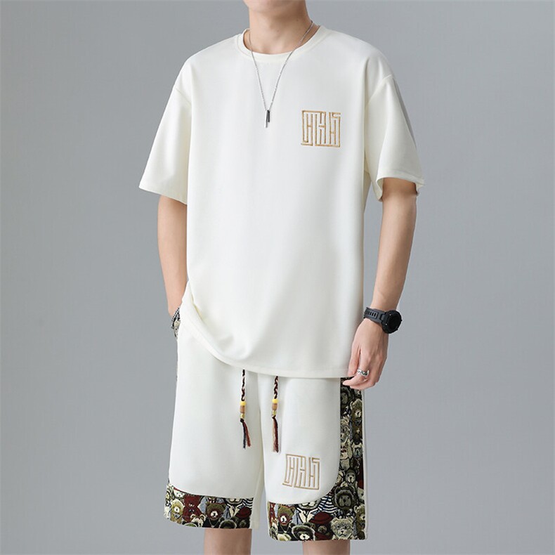 夏季菠萝格休闲运动套装男刺绣宽松T恤短裤一套A266-TZ7708-P48,男装牛仔裤,电商A266