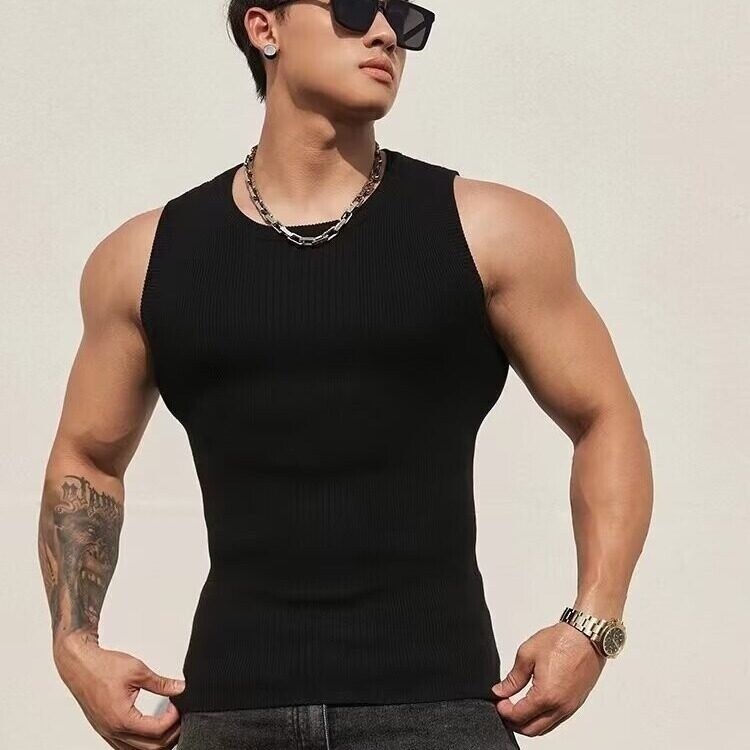 夏慵懒风休闲宽松坑条无袖T恤汗背心男纯色坎肩上衣内搭BX118P30,男装T恤,电商D256-2(原A064-2)