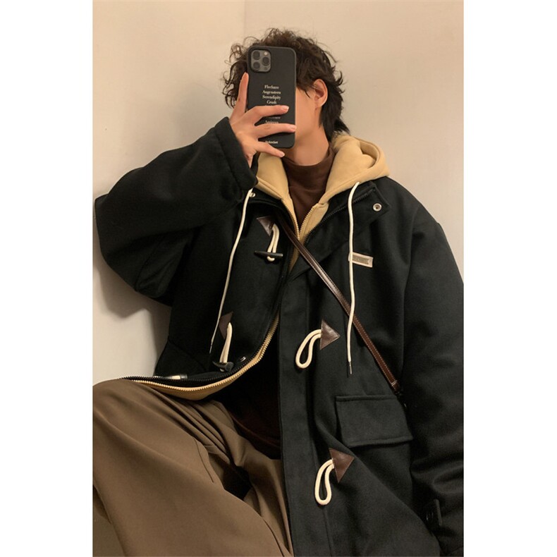 EQ160冬季呢大衣男假两件牛角扣撞色毛呢外套小众设计感棉衣P148,男装毛呢大衣,电商C306-1