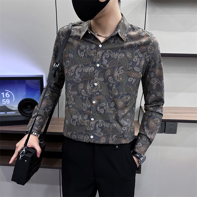 复古腰果花男士衬衣2024春秋季新款卡其色A368-CS9919-P68,男装衬衫,电商A368