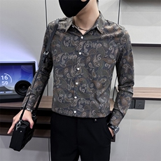 复古腰果花男士衬衣2024春秋季新款卡其色A368-CS9919-P68，男装衬衫，电商A368