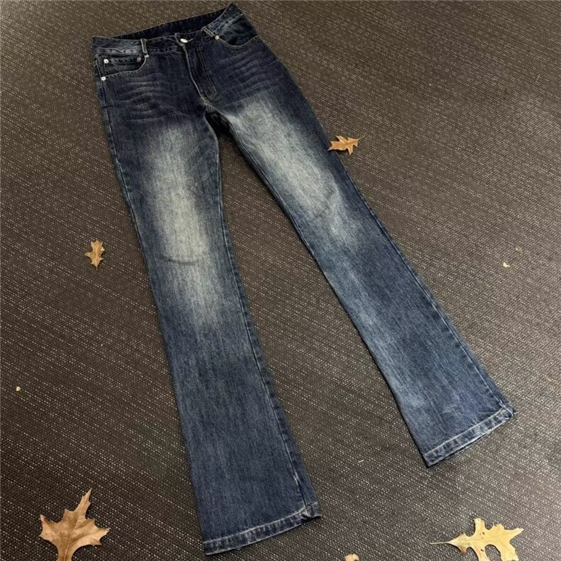 蓝色窄版直筒牛仔裤男秋季美式高街显腿长裤子vibe弹力修身微喇裤,男装牛仔裤,星座603-2