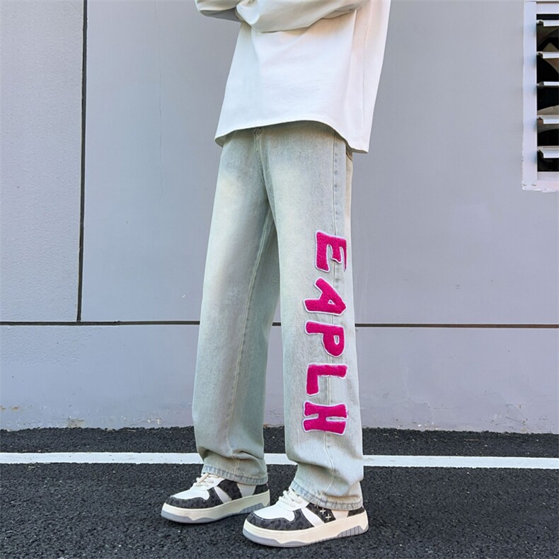 美式高街休闲字母牛仔裤男潮牌直筒宽松休闲阔腿裤子,男装牛仔裤,星座410-7