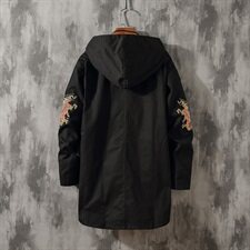 W203*水泥墙中国风男士盘扣复古夹克麒麟刺绣连帽外套灰*P95，男装风衣，星座1516（原B303）