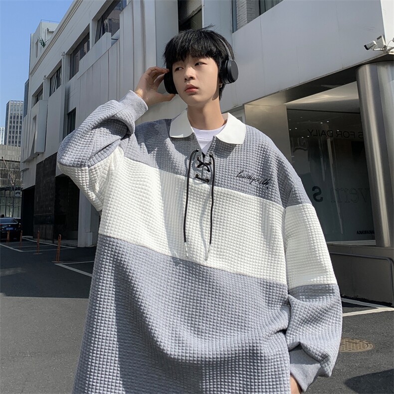 美式高街长袖潮流翻领Polo衫春季oversize华夫格卫衣男W7217-P36,男装卫衣,星座512-2