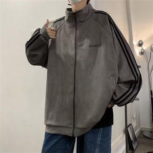 潮牌情侣美式条纹麂皮绒立领夹克宽松休闲拉链外套 W141图片
