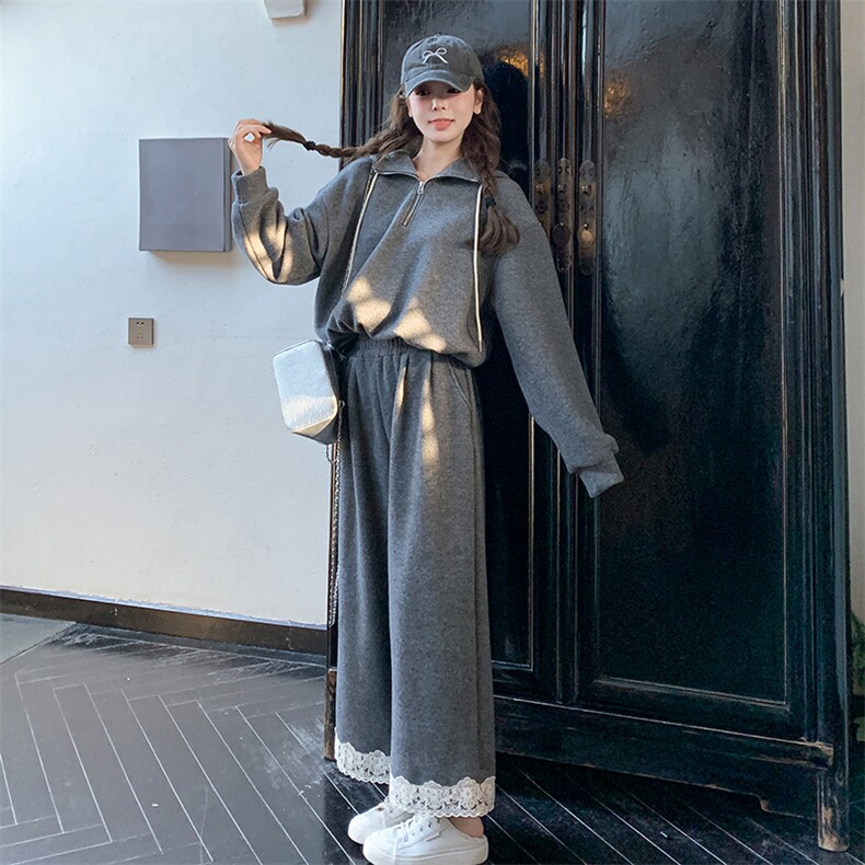 灰色韩系休闲运动卫衣套装女2025春秋季新款蕾丝拼接阔腿裤两件套,女装套装/套裙,2C187