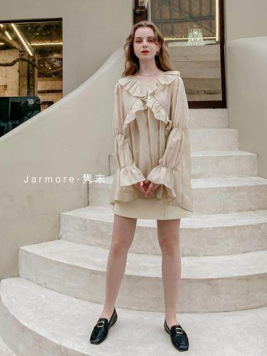 2021秋季荷叶边韩版百搭衬衣黑。白杏3色S-L，其它，Jarmore隽末