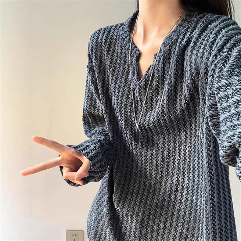 美式高街千鸟格子长袖T恤男女亨利V领英伦雅痞休闲宽松长袖打底衫，男装T恤，电商A443