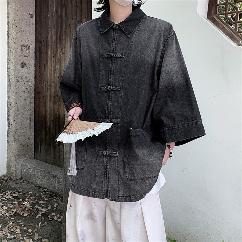 新中式风水洗做旧牛仔衬衫男女宽松复古盘扣衬衣外套S9866-p65,男装衬衫,星座1008