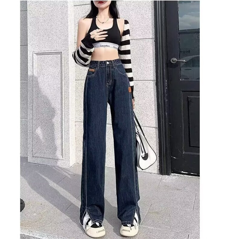 蓝色高腰阔腿牛仔裤女薄款夏季2025年新款小个子宽松垂感直筒拖地,男装牛仔裤,星座1210-1