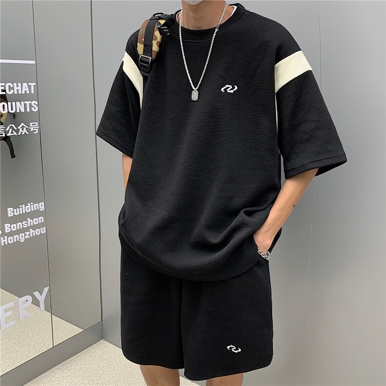 情侣装夏装新款华夫格撞色拼接套装男女宽松半袖T恤潮D295P68,男装T恤,电商A335-1（原A458）