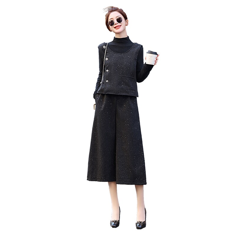 时尚设计感细闪马甲套装女2025春秋新款韩系气质通勤阔腿裤三件套,女装套装/套裙,歌伊格美