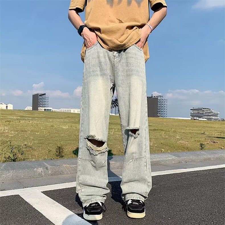 美式复古水洗破洞牛仔裤夏季薄款hiphop高街潮牌休闲直筒裤,男装牛仔裤,星座410-6（原星座1304-1）