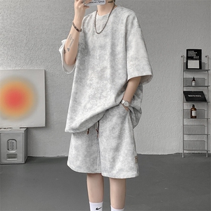 8XL-M青少年扎染短袖t恤休闲运动套装男生夏季宽松大码TZ38001P55