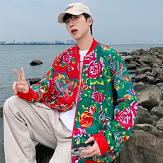 J01男女棒球领夹克外套东北大花汉服开衫左右拼接撞色潮秋装表演，男装夹克，星座115A(原星座507）
