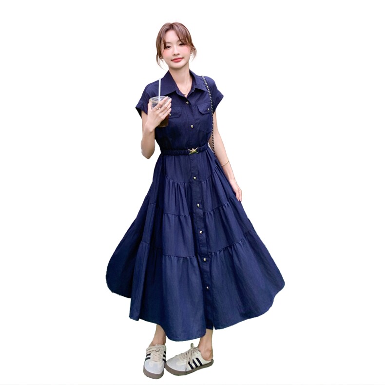 藏青色设计感工装衬衫连衣裙女2025夏季新款超好看气质收腰a字裙,女装连衣裙,浙宝301