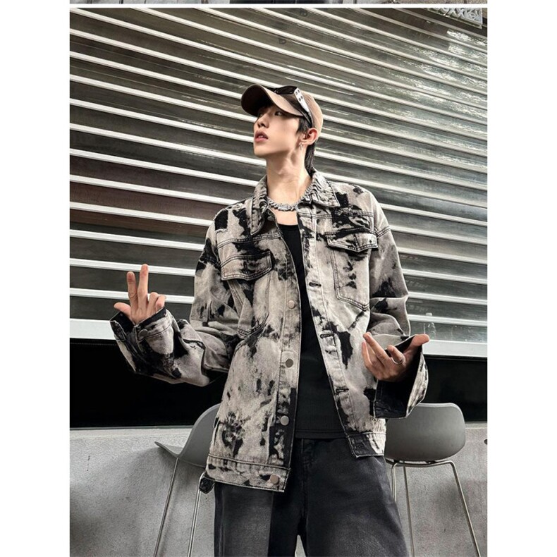 现货得物二开 扎染牛仔破坏废土风痞帅cleanfit牛仔衣JK1188-P68图片