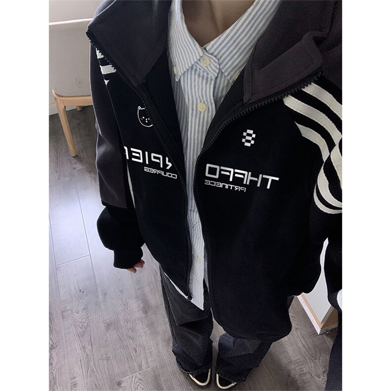 抖音得物秋美式高街重磅结构织带拼接撞色立领卫衣外套ACM4102,女装短外套,电商A443