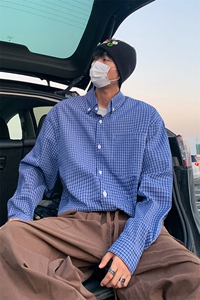 美式复古格子衬衫男高街休闲情侣长袖衬衣宽松上衣C2263-特价P33图片